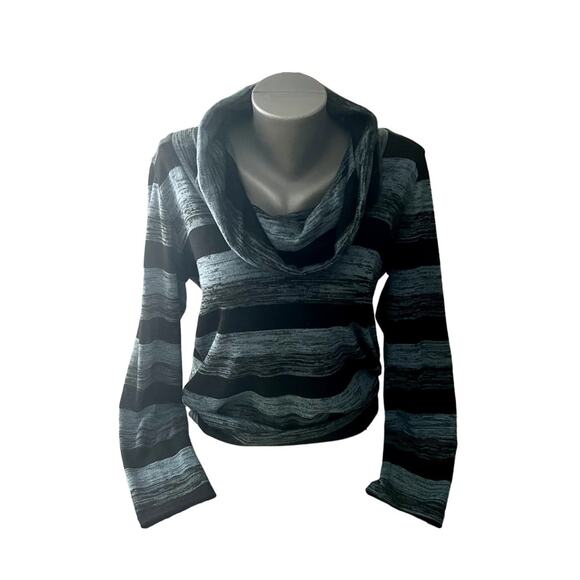 Lapis Sweaters - Women's Lapis Cross Back Black And Blue Striped Cowl-neck Sweater Size Medium